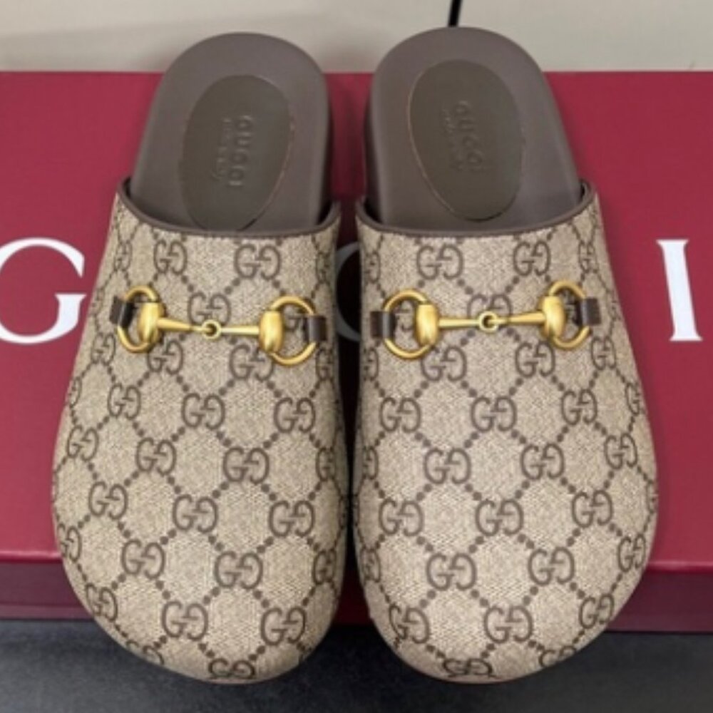 Gucci Brown Monogram Slides with Gold Accent